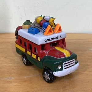 Vintage Colombian Colorful Clay Bus Hand Crafted Folk Art Sculpture Souvenir